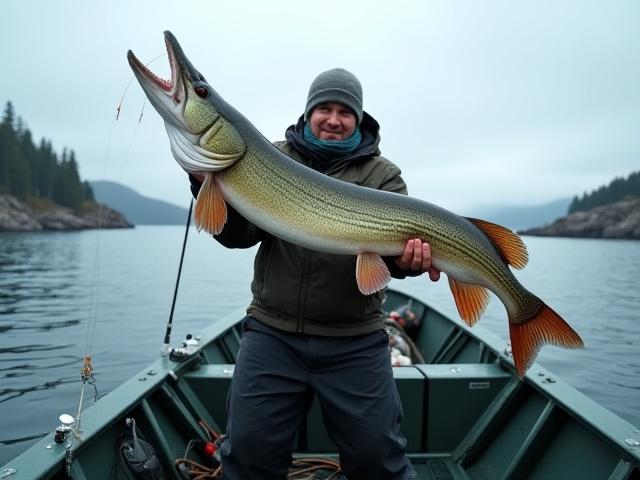 Fiskare håller en stor gädda i Norrbottens skärgård