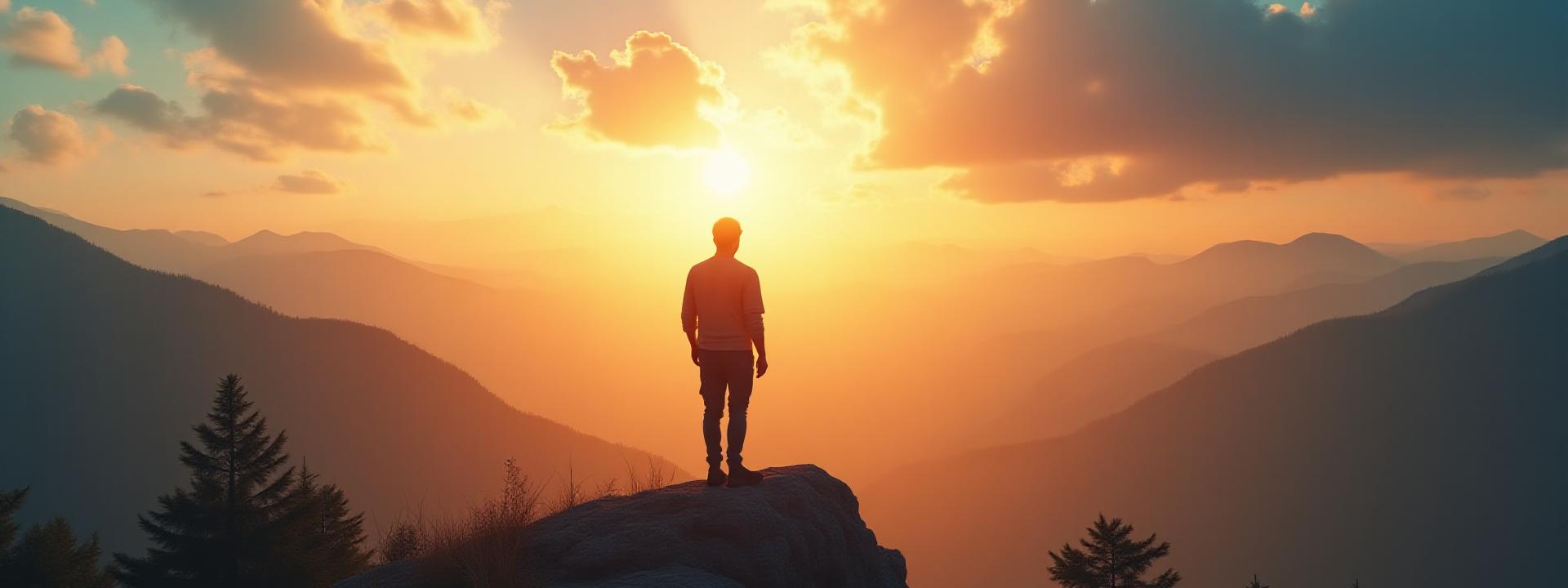 En kvinna står på en bergstopp och ser ut över ett vidsträckt, dimmigt, solnedgångslandskap