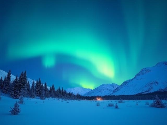 Norrsken över snöklädda berg i Abisko