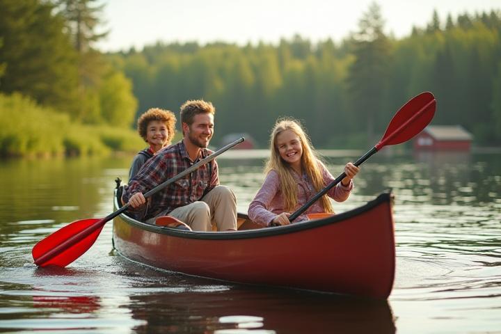 Glad familj som paddlar kanot på en sjö i Dalarna