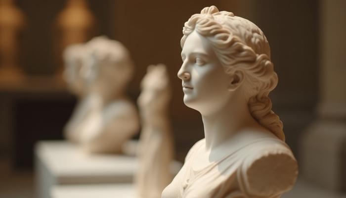 Detaljerad skulptur av en klassisk grekisk gud i ett museum, med mjukt ljus som belyser dess konturer.