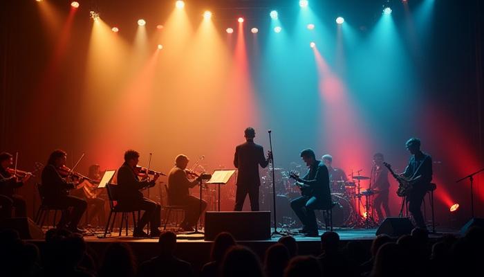 En stor symfoniorkester på scen, med dirigenter i centrum och strålkastare som lyser upp musiker och instrument.
